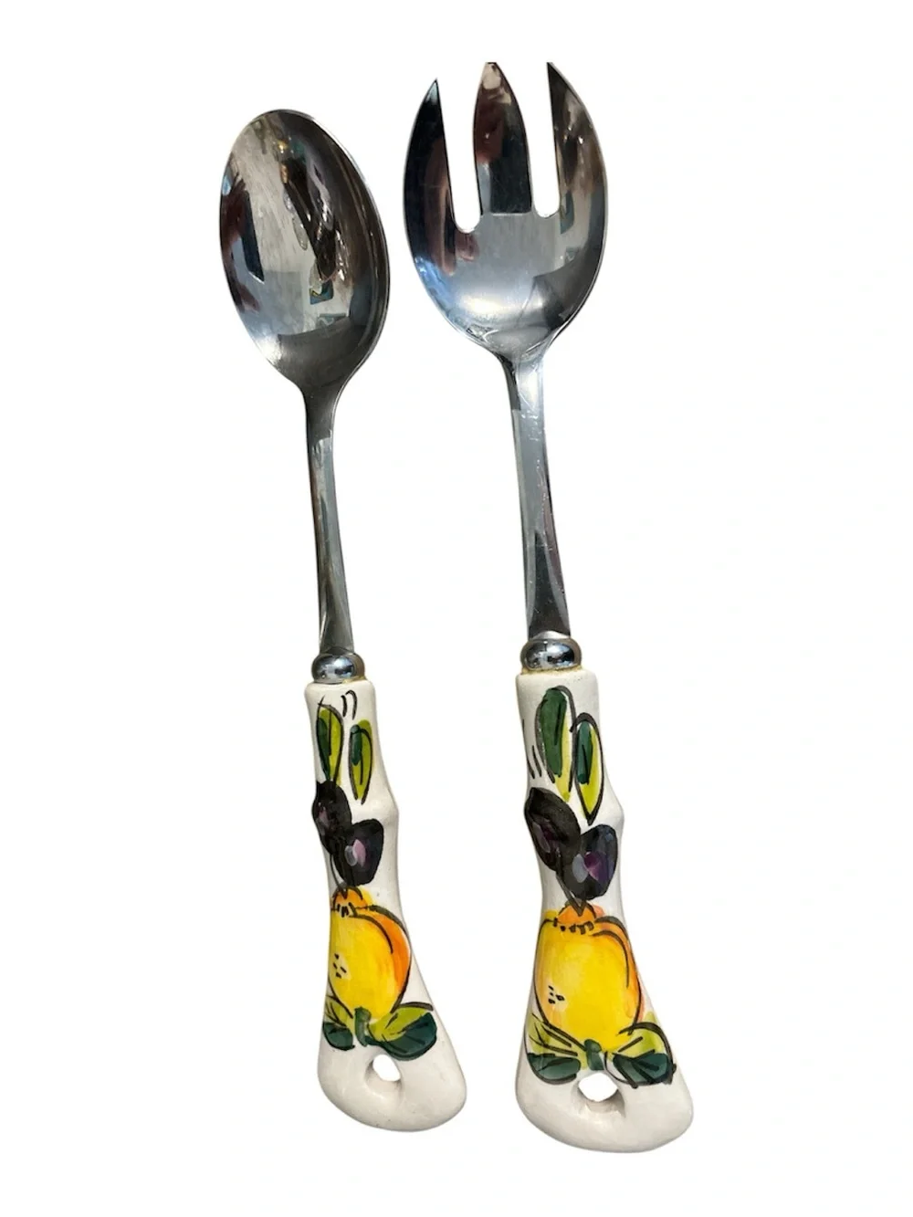 Hand-Painted Ceramic Handle Salad Server Set - Yellow Floral Positano